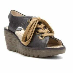 FLY LONDON Ylfa Wedge Sandal Lace Up Leather 41 10 10.5 Women p500209003 OpenToe